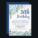 50th Birthday Floral Navy Blue Gold Glitter Dots Invitation<br><div class="desc">50th Birthday Navy Blue Script Floral Watercolor Gold Confetti Glitter Dots Invitation
The design features beautiful watercolor light blue and green florals.</div>