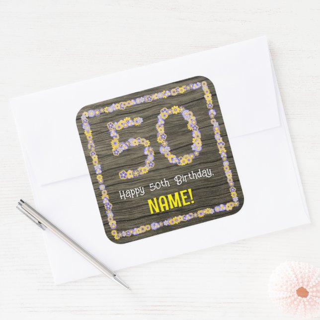 50th Birthday: Floral Number, Faux Wood Look, Name Square Sticker (Envelope)
