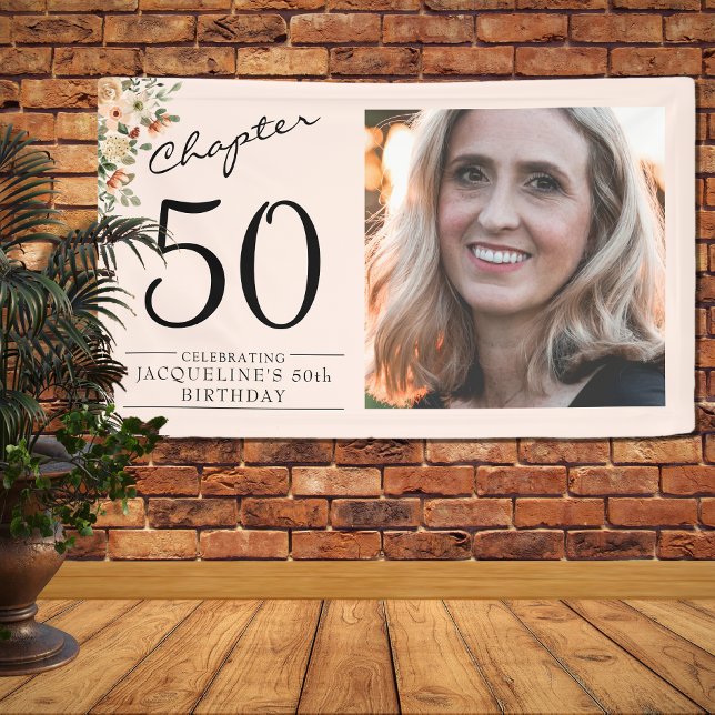 50th Birthday Floral Pink Photo Banner (Unique 50th birthday floral banner. Easily personalized with your details and favorite photo.)