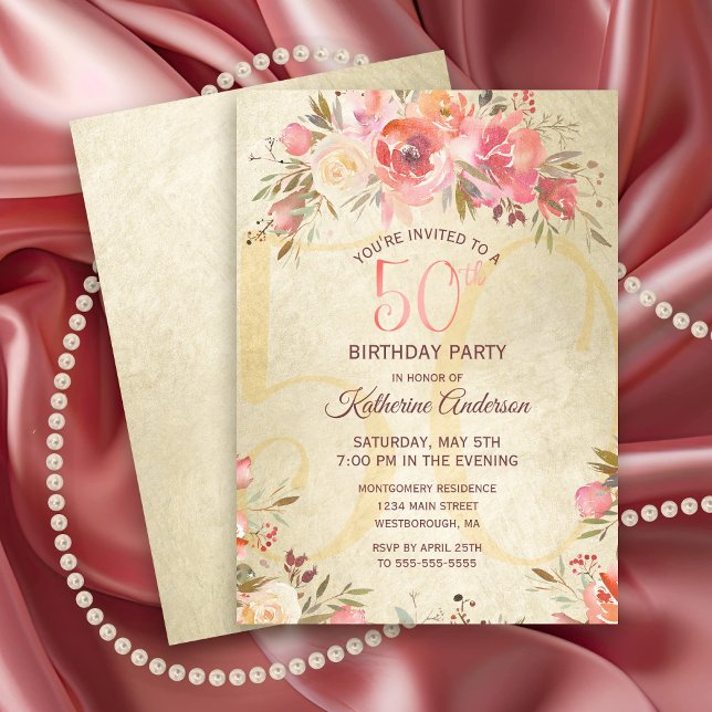 50th Birthday Floral Pink Roses Gold Shimmer Party Invitation (Elegant 50th Birthday Party Invitation with Pink roses on a gold shimmer background)