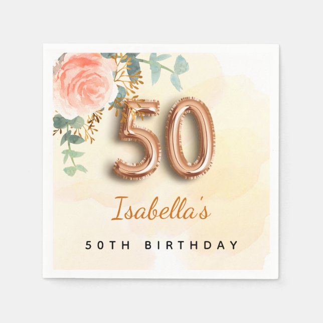 50th birthday floral rose gold eucalyptus monogram napkin (Front)