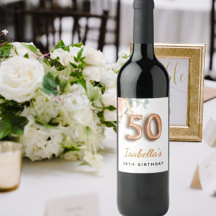 50th birthday floral rose gold eucalyptus monogram wine label