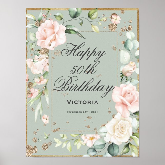 50th Birthday Floral Sage Green Gold Watercolor Poster (Front)