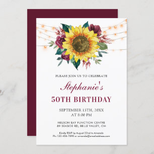 50th Birthday Floral Sunflower String Lights Party Invitation