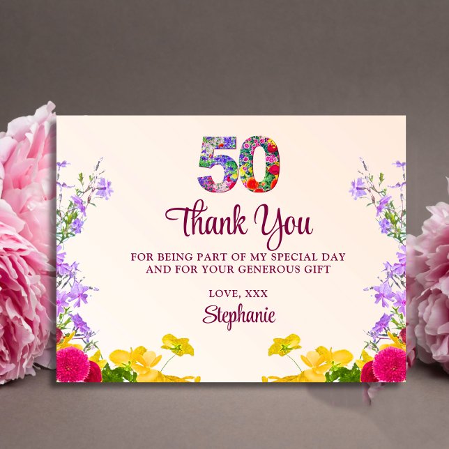 50th birthday floral thanks modern 50 years party postcard (Creator Uploaded)