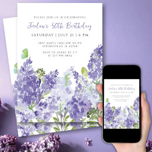 50th Birthday Floral Watercolor Elegant Lilacs Invitation