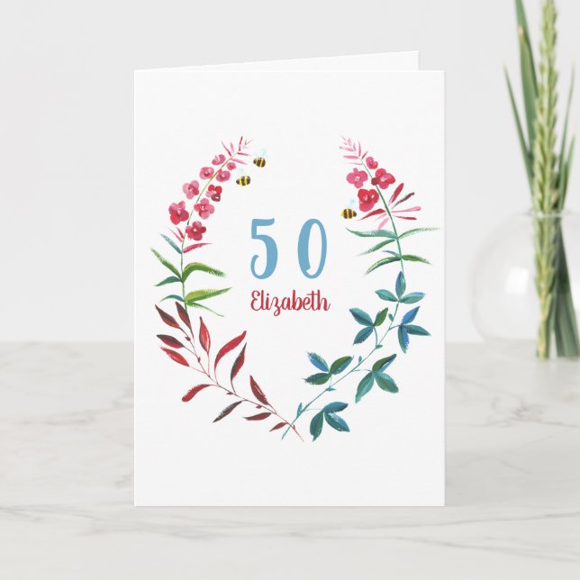 50th Birthday Floral Watercolor Red Blue flowers Card (Front)