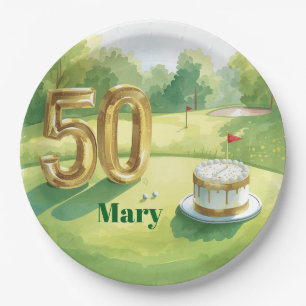 50th Birthday for golfer with golf ball and flower Paper Plate