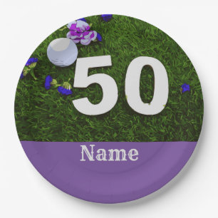 50th Birthday for golfer with golf ball and flower Paper Plate