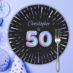 50th Birthday for Him Blue Fireworks Foil Balloon Paper Plate