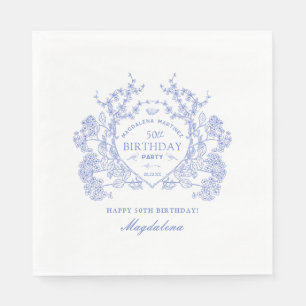 50th Birthday French Blue Floral Crest Custom Napkin