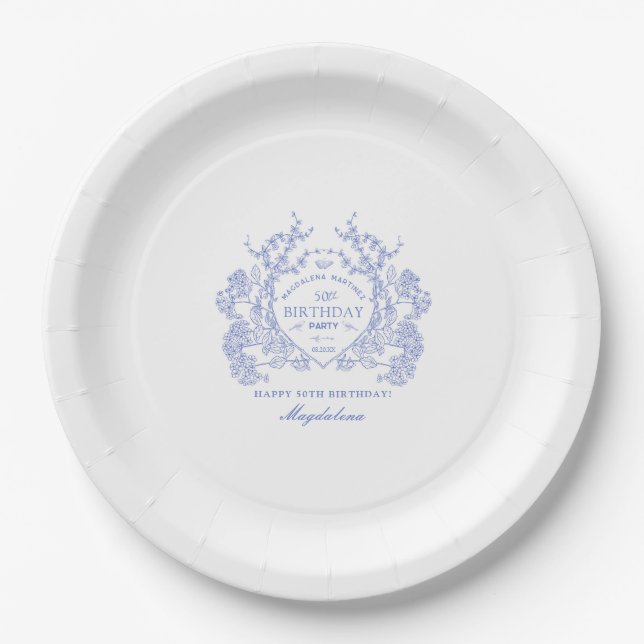 50th Birthday French Blue Floral Crest Custom Paper Plate (Front)