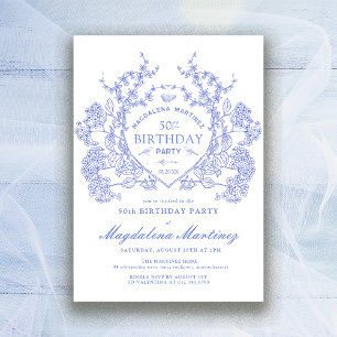 50th Birthday French Vintage Blue Floral Crest Invitation