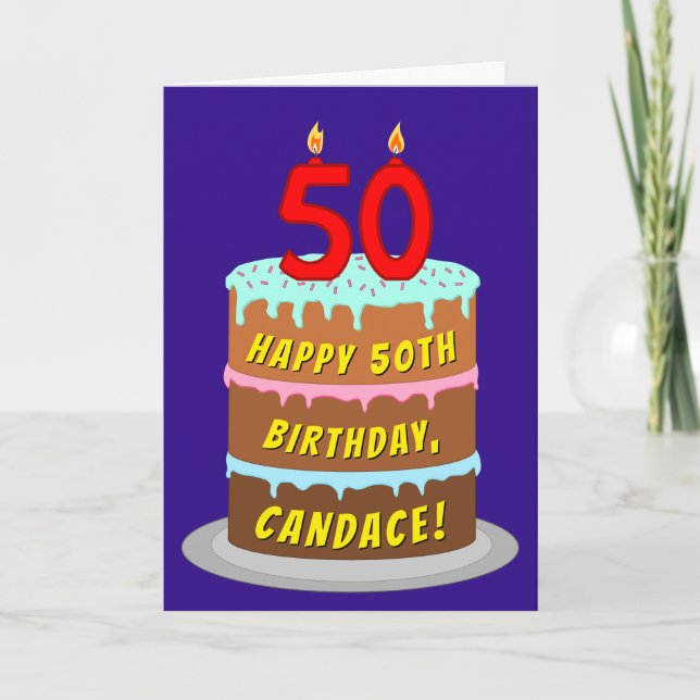 50th Birthday: Fun Cake and Candles + Custom Name Card (Front)