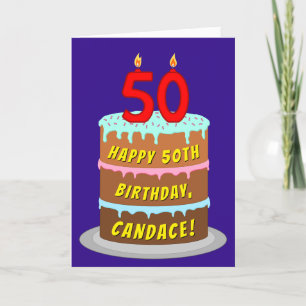 50th Birthday: Fun Cake and Candles + Custom Name Card