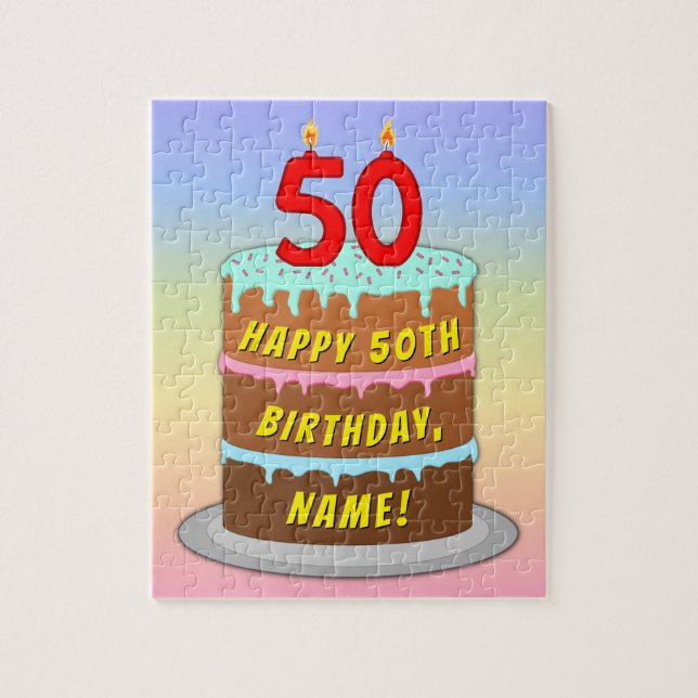 50th Birthday: Fun Cake and Candles + Custom Name Jigsaw Puzzle (Vertical)
