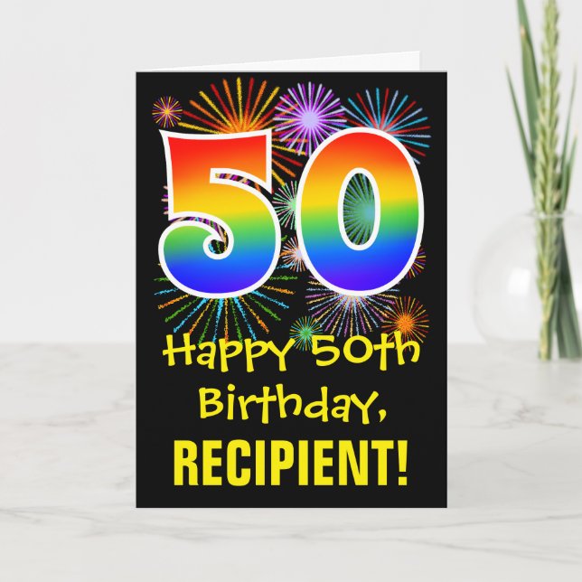 50th Birthday: Fun Fireworks Pattern + Rainbow 50 Card (Front)
