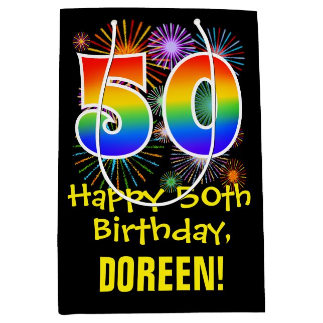 50th Birthday: Fun Fireworks Pattern + Rainbow 50 Medium Gift Bag (Front)