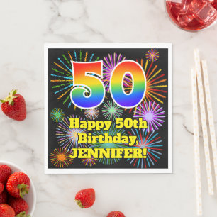 50th Birthday: Fun Fireworks Pattern + Rainbow 50 Napkin
