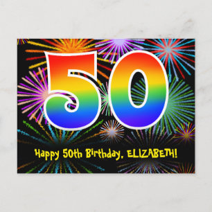 50th Birthday – Fun Fireworks Pattern + Rainbow 50 Postcard