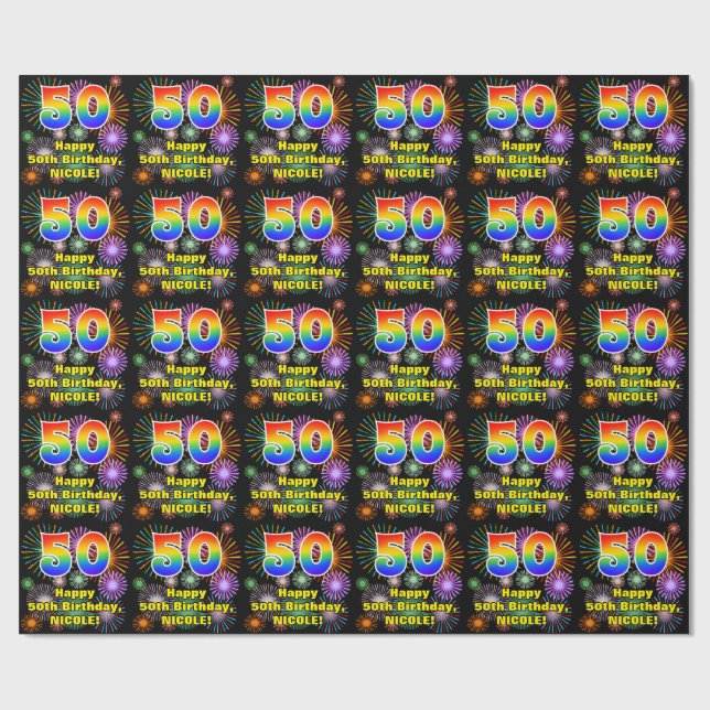 50th Birthday: Fun Fireworks, Rainbow Look # “50” Wrapping Paper (Flat)