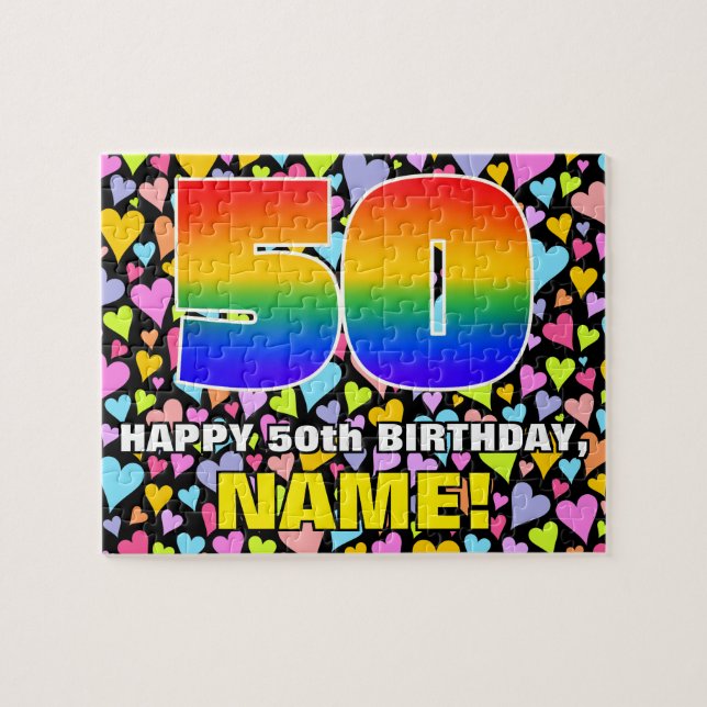 50th Birthday — Fun, Loving Heart Shapes + “50” Jigsaw Puzzle (Horizontal)
