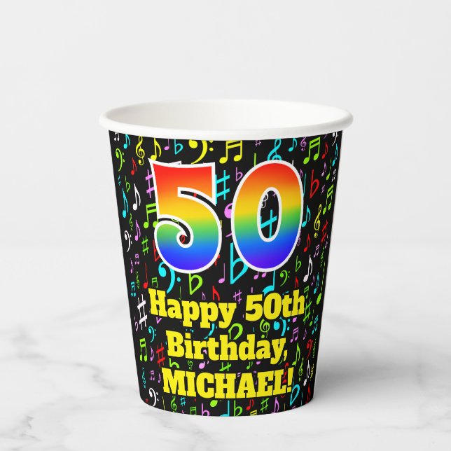 50th Birthday: Fun Music Notes Pattern, Rainbow 50 Paper Cups (Back)