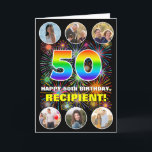 50th Birthday: Fun Rainbow #, Custom Name & Photos Card<br><div class="desc">The front of this exciting and joyful birthday themed greeting card design features a large number “50“ with a vibrant rainbow spectrum inspired gradient pattern, along with the message “HAPPY 50th BIRTHDAY, ” and a custom name, on a multicolored bursting fireworks inspired pattern. At the top and the bottom of...</div>