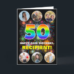 50th Birthday: Fun Rainbow #, Custom Name & Photos Card<br><div class="desc">The front of this exciting and joyful birthday themed greeting card design features a large number “50“ with a vibrant rainbow spectrum inspired gradient pattern, along with the message “HAPPY 50th BIRTHDAY, ” and a custom name, on a multicolored bursting fireworks inspired pattern. At the top and the bottom of...</div>