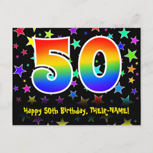 50th Birthday: Fun Stars Pattern, Rainbow 50, Name Postcard