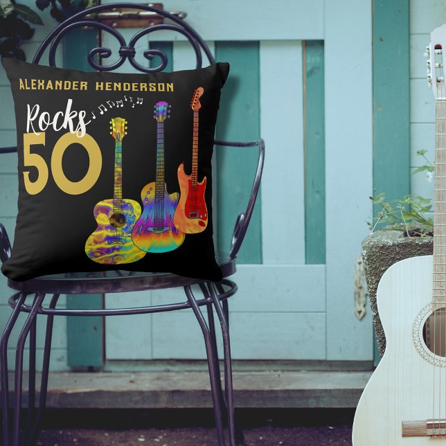 50th birthday Funky Guitar Music For Him Cushion (Custom Rocks 50 cool funky guitar black and gold 50th  birthday pillow)