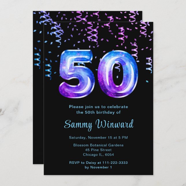 50th Birthday Galaxy Balloons with Confetti Invitation (Front/Back)