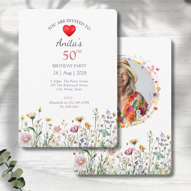 50th Birthday Garden Floral Wild Meadow Photo Invitation (50th birthday floral birthday party invitations on a grey wood background)