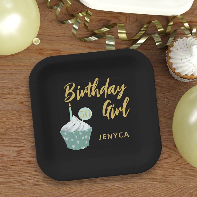 50th Birthday Girl Cupcake Paper Plate (Add the birthday girl's name and age to these fun cupcake theme black and gold paper plates)