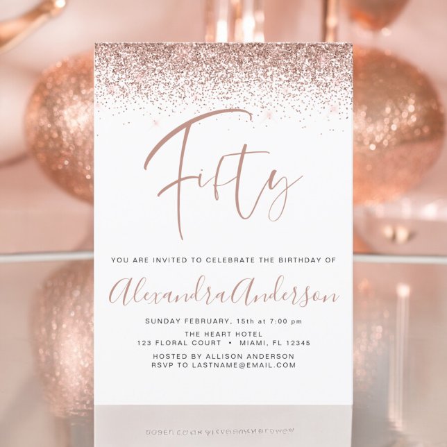 50th Birthday Glitter Rose Gold Pink Invitation (Creator Uploaded)