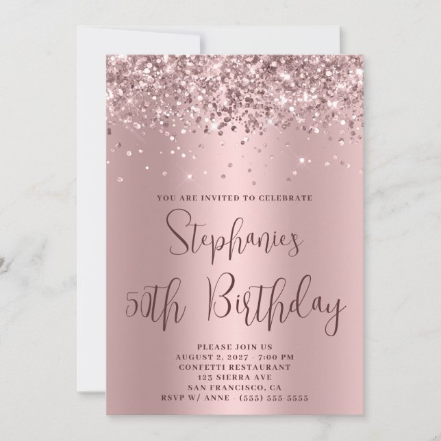50th Birthday Glittery Pink Rose Gold Invitation (Front)