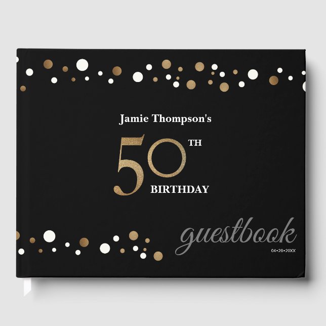 50th birthday gold and black personalised guest book (Front)