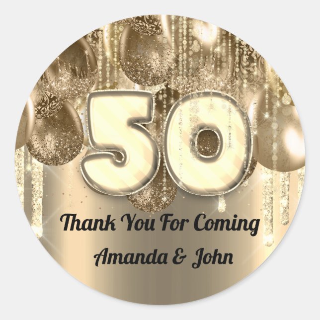 50th birthday GOLD  BALLONS Thank you for coming Classic Round Sticker (Front)