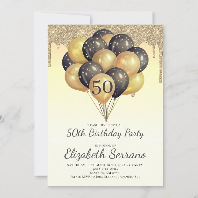 50th Birthday Gold Black Balloons Glitter Drips Invitation (Front)