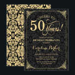 50th Birthday - Gold Black Damask Invitation<br><div class="desc">50th Birthday Invitation
Elegant vintage black and faux gold design with damask pattern. Features script font. Cheers to 50 years! Can be personalized into any age! Message me if you need further customization.</div>