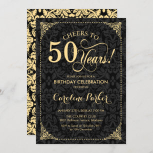 50th Birthday - Gold Black Damask Invitation