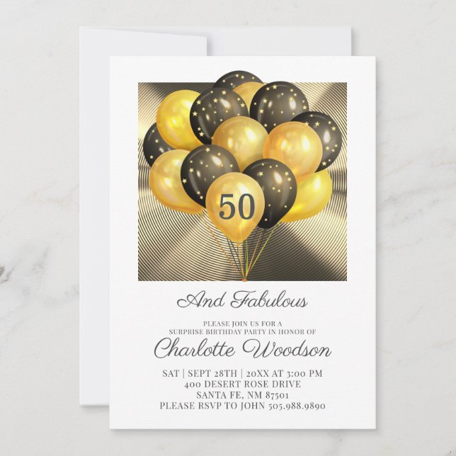 50th Birthday Gold Black Glitter Metallic Invitation (Front)