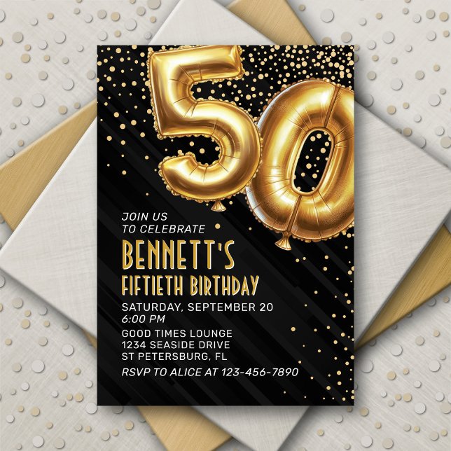 50th Birthday Gold Black Invitation (Creator Uploaded)