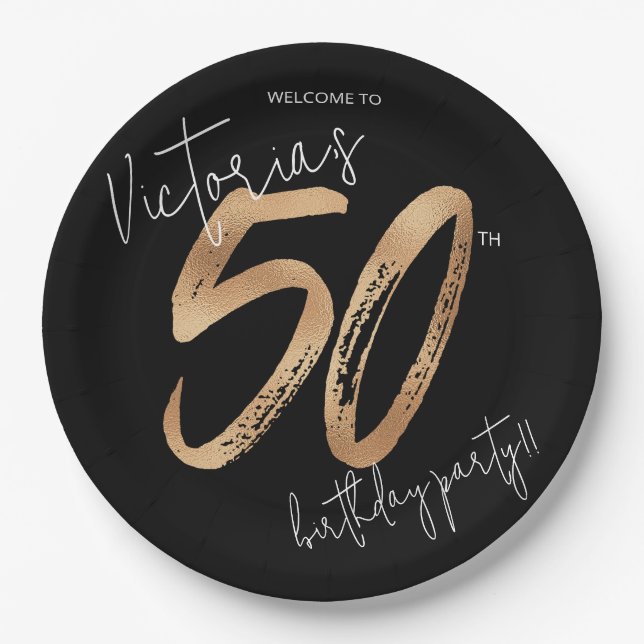 50th Birthday Gold Black Modern Sassy Elegant Paper Plate (Front)