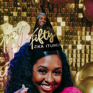 50th birthday gold black personalised photo name party hat