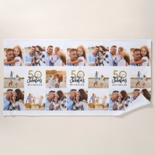 50th birthday gold black photo collage chic beach beach towel