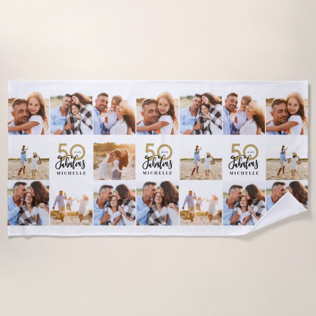 50th birthday gold black photo collage chic beach  beach towel (Front)