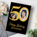 50th birthday gold black photo personalised card<br><div class="desc">Trendy bold typography 50 years woman birthday funny unique greeting card template with 2 photos and modern retro style script. Easy to personalise with your text and pictures on both sides. Digital download available.</div>