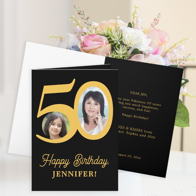 50th birthday gold black photo personalised card (Creator Uploaded)