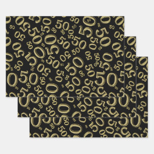 50th Birthday Gold & Black Random Number Pattern Wrapping Paper Sheet